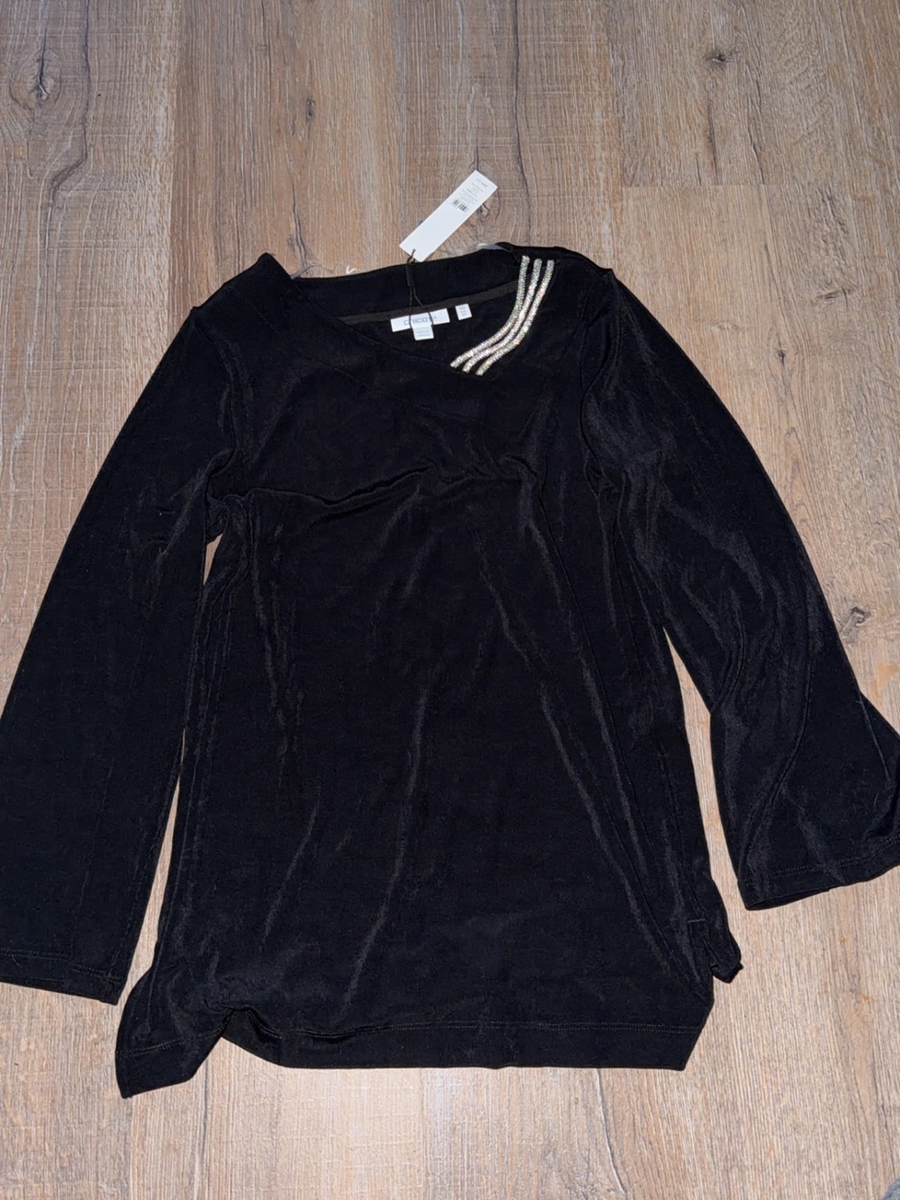 Chico's Black Long Sleeve Top with Bling Neck Accent